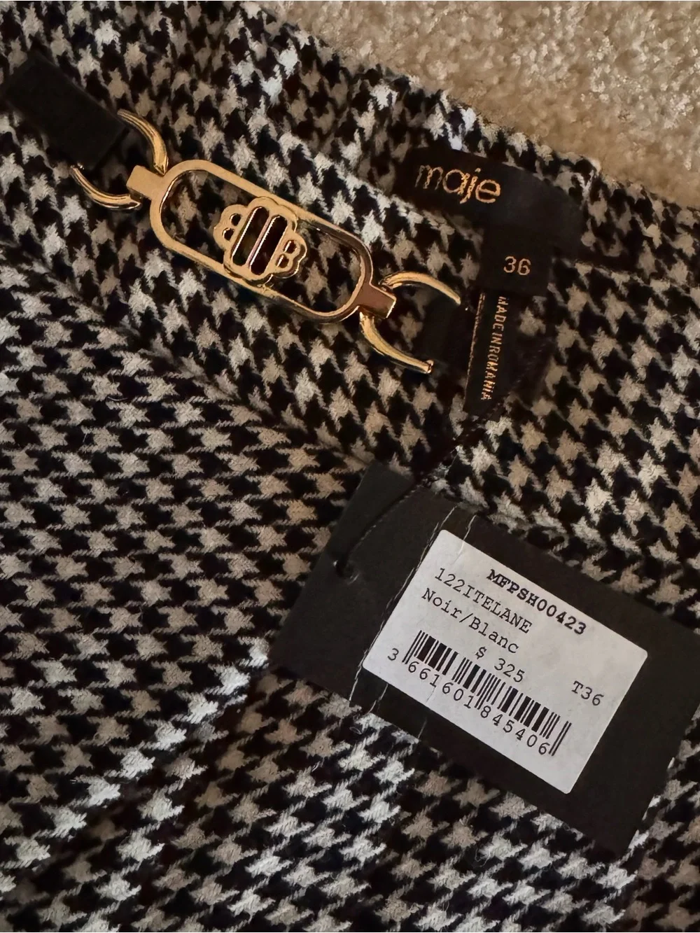 Maje Black and White Houndstooth Pleated Skort with Chain Detail - Picture 8 of 12